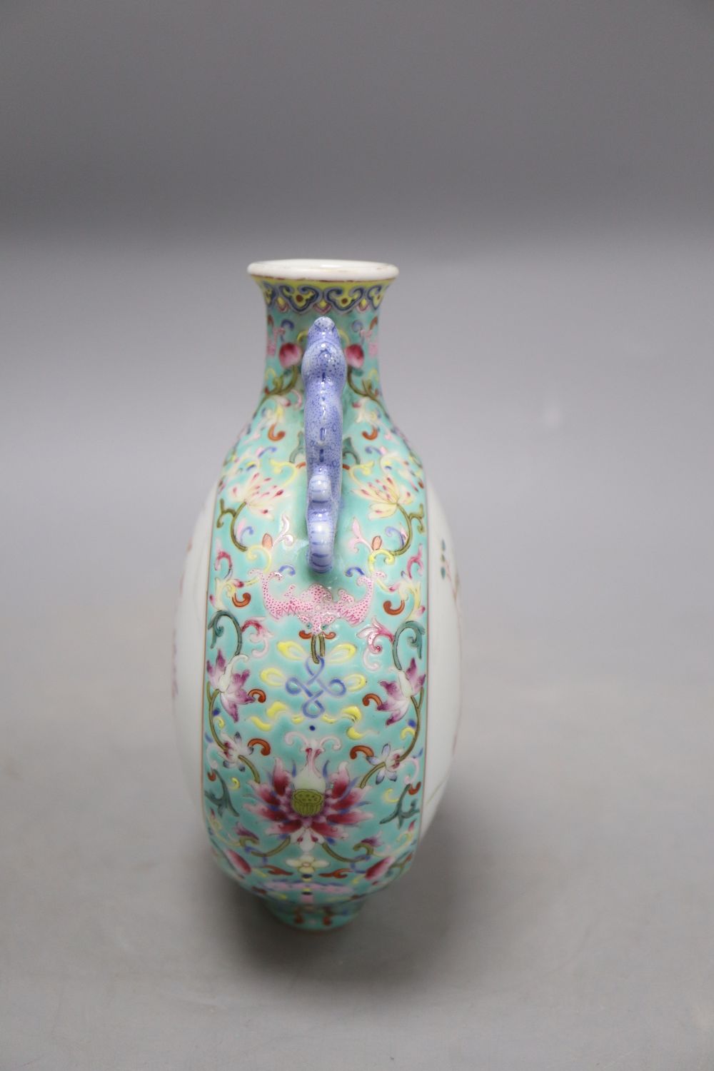 A Chinese enamelled turquoise moonflask, height 16cm